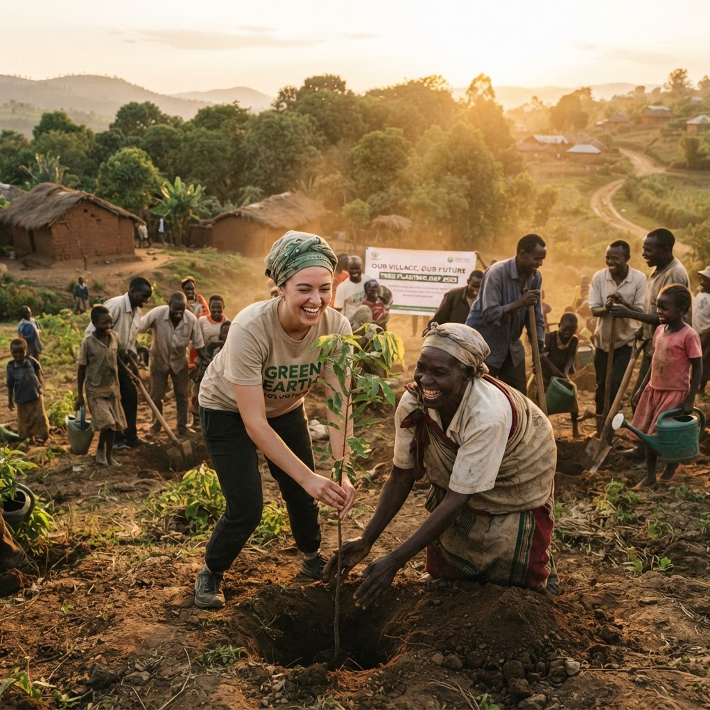 Community members and volunteers working together to plant trees