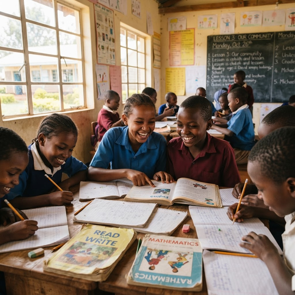 Children learning in a bright classroom