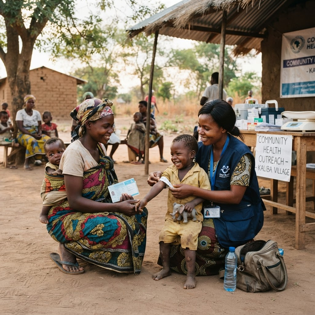 A health worker caring for a mother and child at a clinic